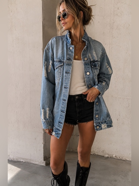 Jackets & Blazers - Distressed Oversized Light Wash Denim Jacket Longline Trucker Grunge
